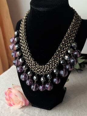 R.J. Graziano Purple Beaded Bib Statement Necklace Antique Brass Chain Boho Y2K